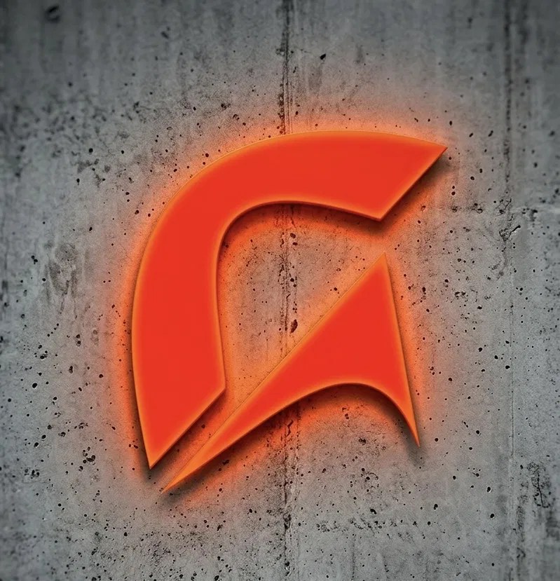 Logo Studio G lumineux, incrusté sur un mur en béton